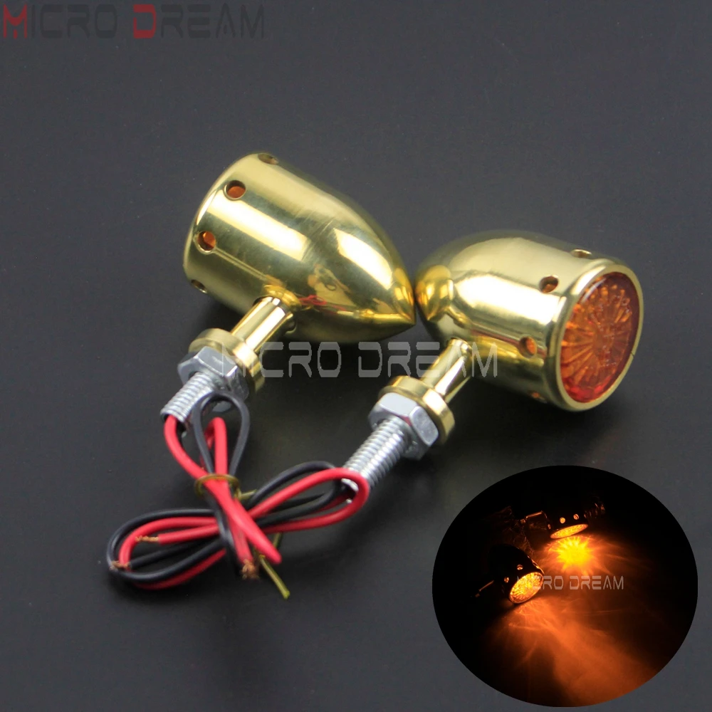 2pcs Brass Motorcycle Turn Signal Indicator Lamp DC 12V Maker Blinker Light Amber for Harley Sportster Chopper Yamaha Universal