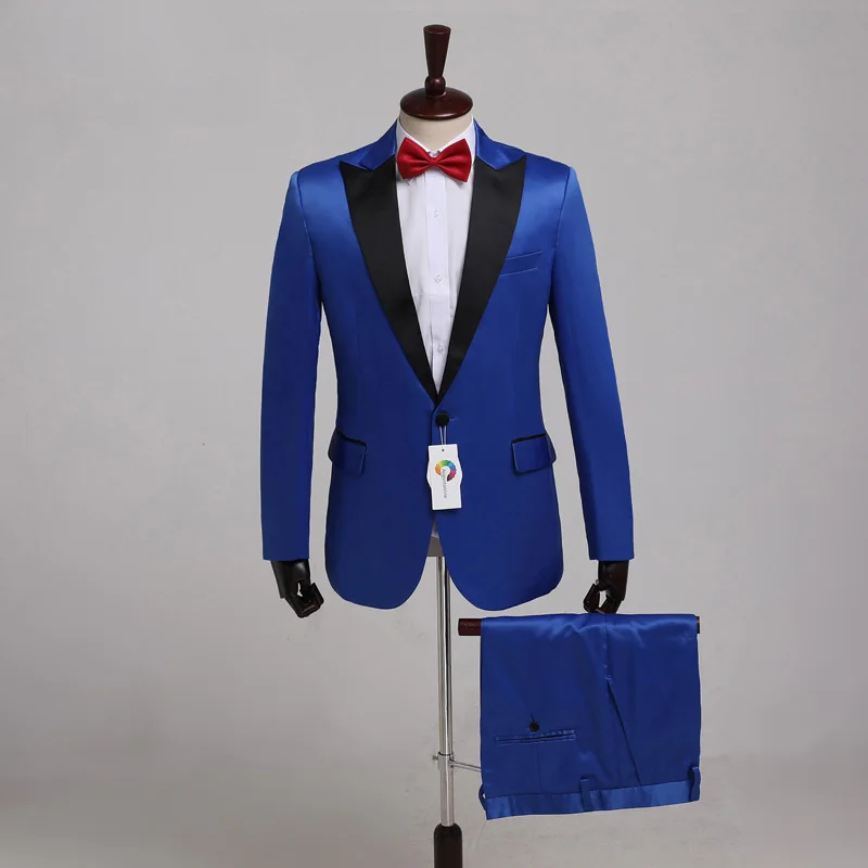 

Royal Blue Satin Men Suits Wedding Suit for Man Blazer Jacket Pants Black Peaked Lapel Custom Made 2Piece Slim Fit Groom Tuxedos