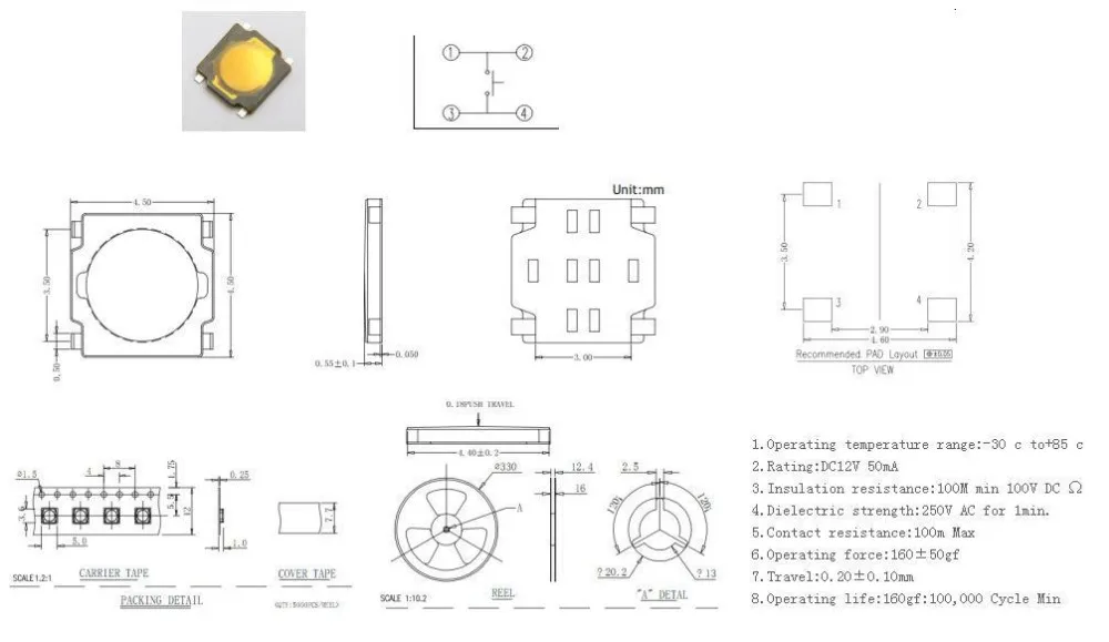 10Pcs 4.5*4.5*0.55mm 4.5x4.5x 0.55MM 4.5X4.5X0.55mm Tactile Push Button Switch Tact 4 Pin Switch Micro Switch SMD