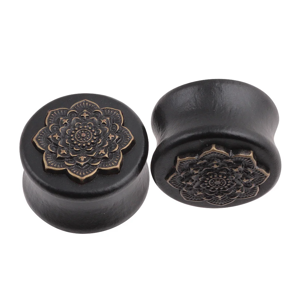 New Style 2PCS Black Natural Wood Mandala Flower Ear Plugs Tunnels Ear Expanders Earring Gauges Piercing Plug Ears Body Jewelry