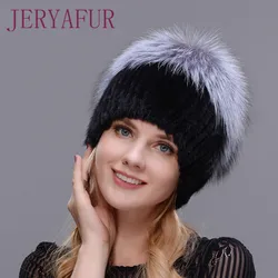 Hot Sale Fashion Mink Fox Hat Winter Warm Women Knitting Caps Mink Hats Vertical Weaving With FOX Fur On The Top