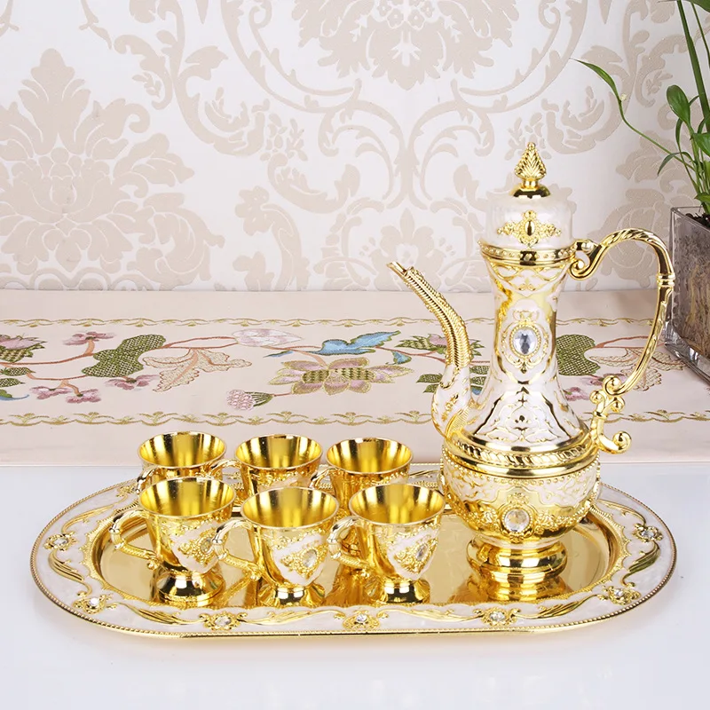 Metal Crafts Coffee Set Wine Set European Tea Sets Creative Hotel/ Home Room Table Decoration 1 set= 1 plate+ 1 pot +6 cups