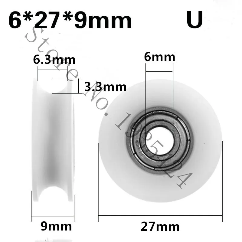 

6*27*9mm Nylon bag plastic embedded bearing small pulley wheels U type slot concave slot plastic coated pulley Windows pulley