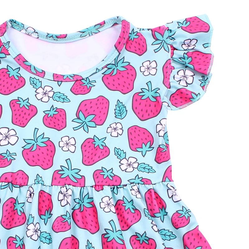 2025Summer/Fall Children Girls Boutique Dress Strawberry Printed Children Blue Dress Kids Knee Length Boutique Clothing Milksilk