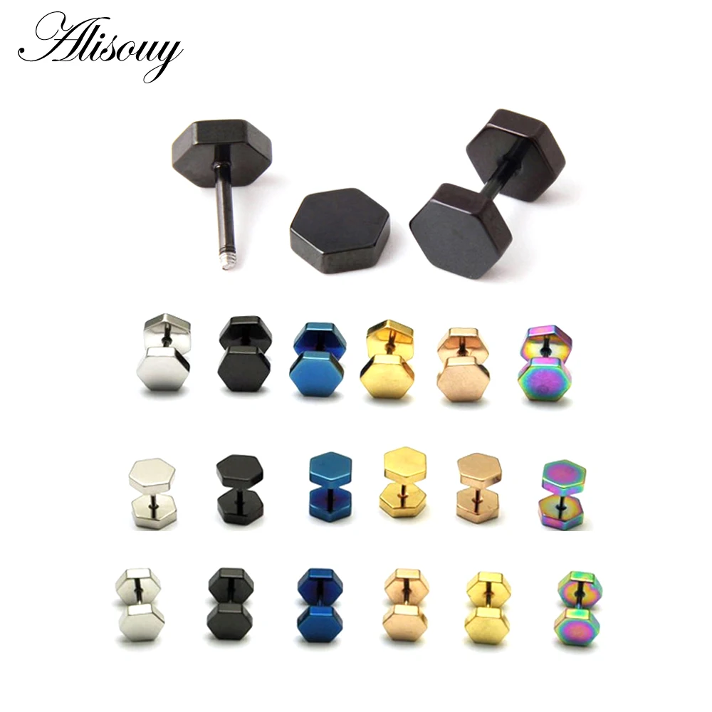 Alisouy 2pc hexagon studs Wholesale Fashion Black  color Stainless Steel Earrings Women Men\'s Punk Gothic Stud Earring For men