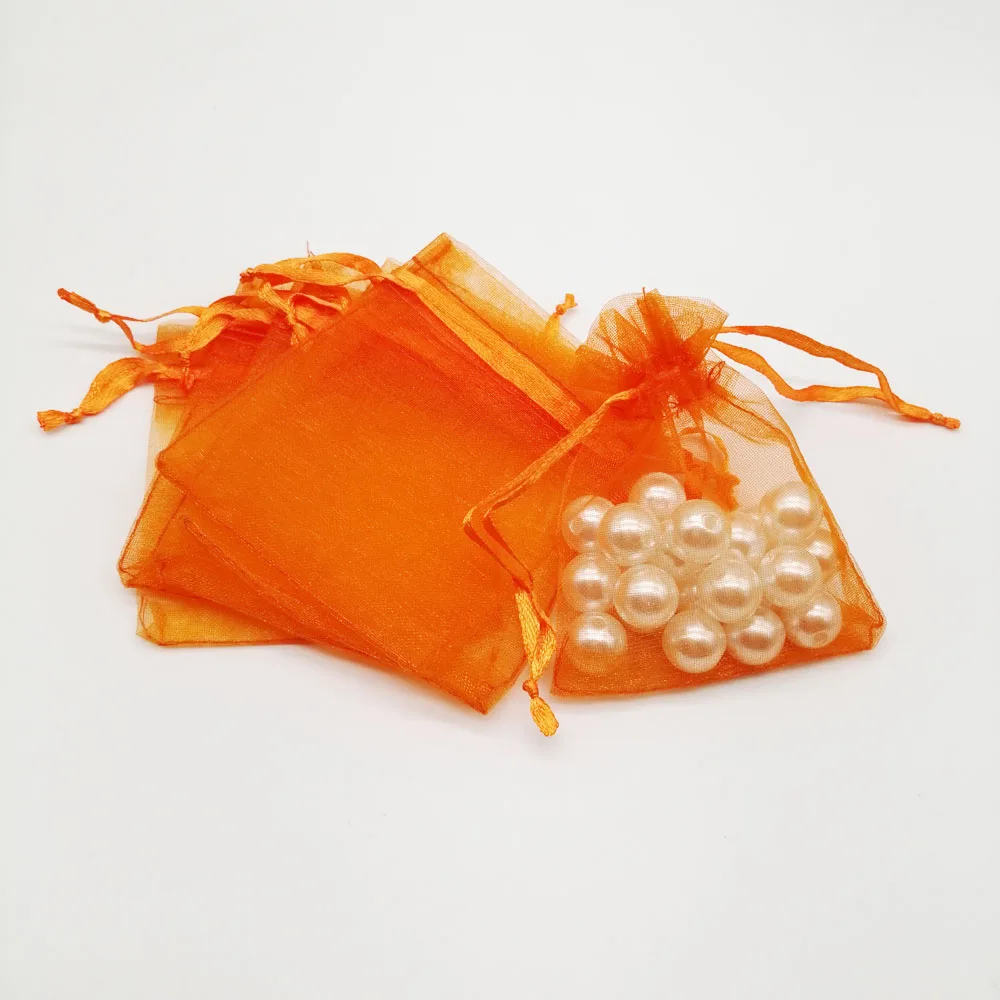 100 pçs sacos de organza laranja pequeno saco de presente de organza para exibição de embalagens de jóias saco de cordão de armazenamento de jóias de casamento de natal