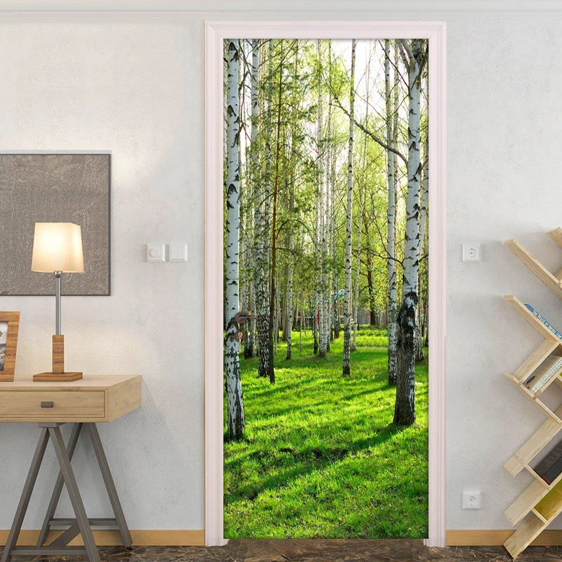 

3D Door Sticker Green Tree Forest Mural Wallpaper Home Door Living Room DIY Door Stickers PVC Vinyl Self-adhesive Door Wallpaper