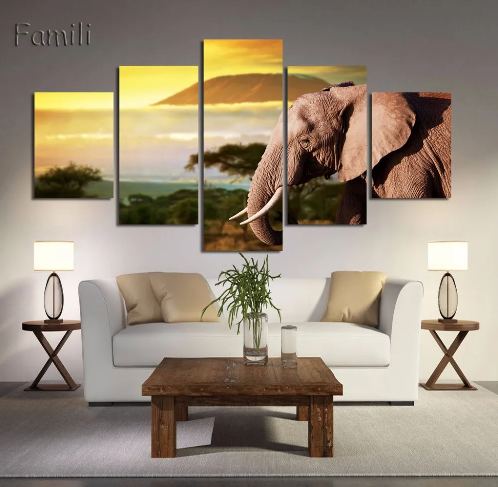 Modern Wall Art Home Decoration Printed Oil Painting Pictures 5 Panel HD Canvas Prints Elephant on the Wilderness