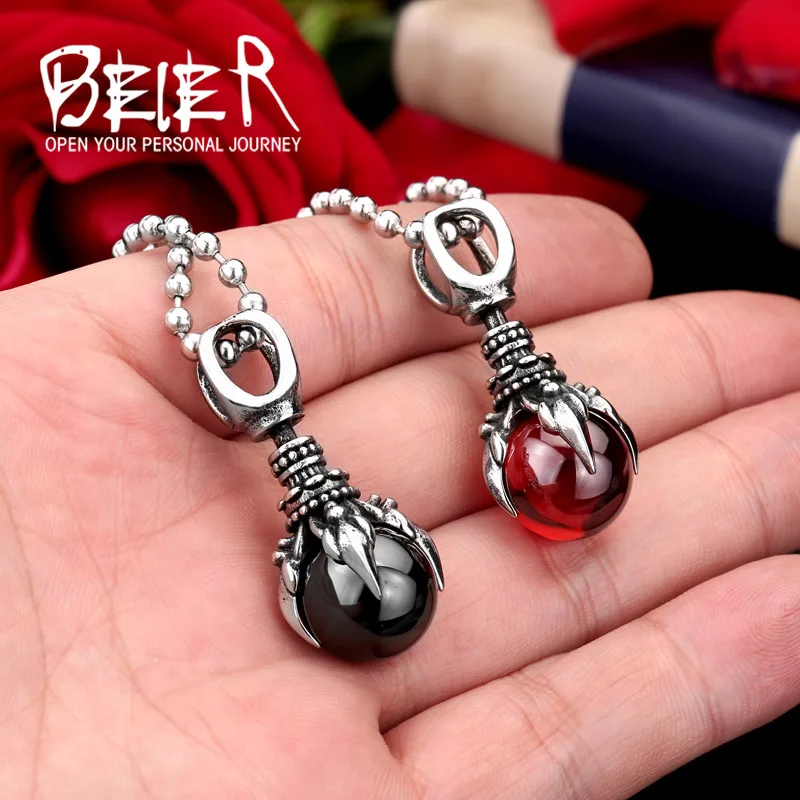 Beier new store 316L Stainless Steel Fashion Claw Stone Necklace Pendant With Red/Black Stone LLBP8-122P