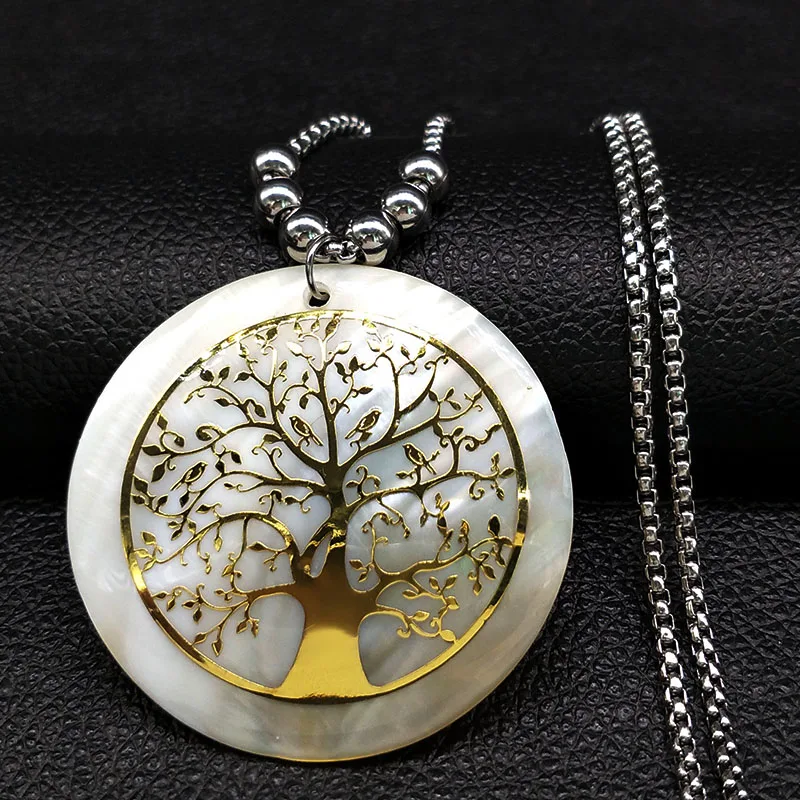 Tree of Life Stainless Steel Necklace for Women Gold Color Double layer Bead Necklaces Jewelry sautoirs femme longs N18431