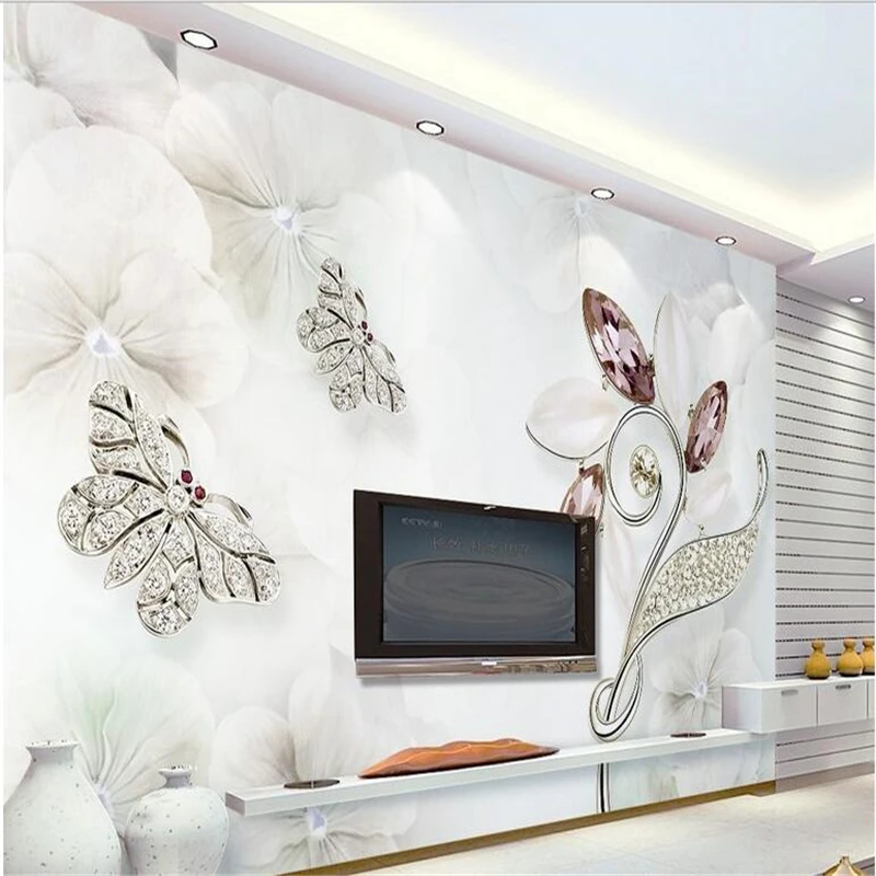 

beibehang Custom photo 3d wallpaper Su Ya light luxury crystal jewelry butterfly Continental TV background wall,papel de parede