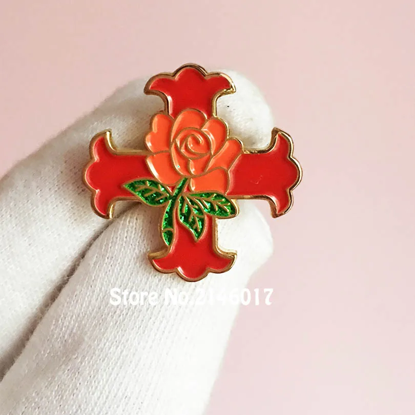 10pcs Red Cross Of Constantine Rose Glitter Pins Brooch Masonic Lapel Pin Knight Scottish Rite Free Masons Enamel Badge