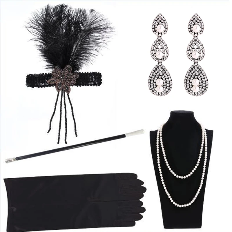 

1920 Women's vintage GATSBY feather headbands Flapper Costume Accessory Cigarette Holder pearl necklace gloves set Hair Earrings