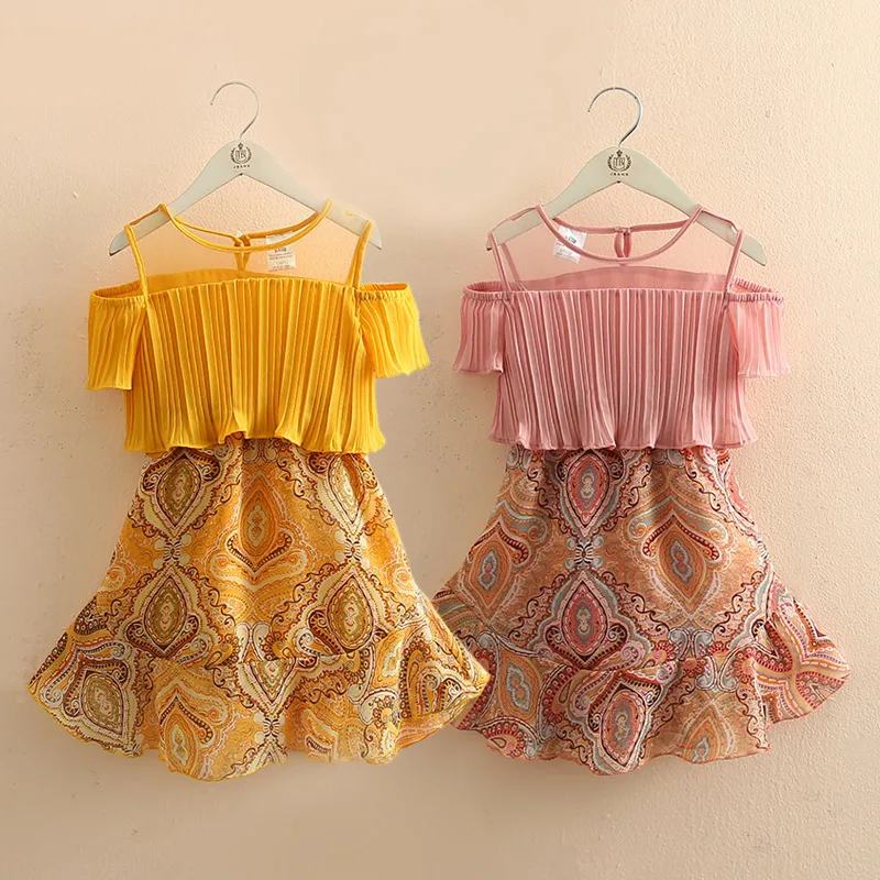 2024 Summer 3 4 6 8 10 12 Years Teenager Children Ethnic Print Wrap Off Shoulder Strapless Beach Baby Kids Girls Chiffon Dress