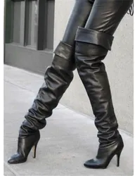 Stivali sopra il ginocchio neri donna Pu pelle sottile tacco a spillo scarpe con tacco donna Chaps stivali alti alla coscia da strada Botas Mujer