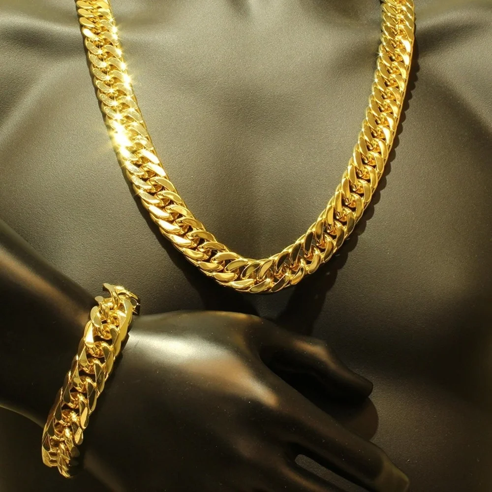 Thick Golden Men Chains Jewelry Sets Copper Gold Color Chunky Tight Curb Link Chain Necklace Bracelets Man Jewelry