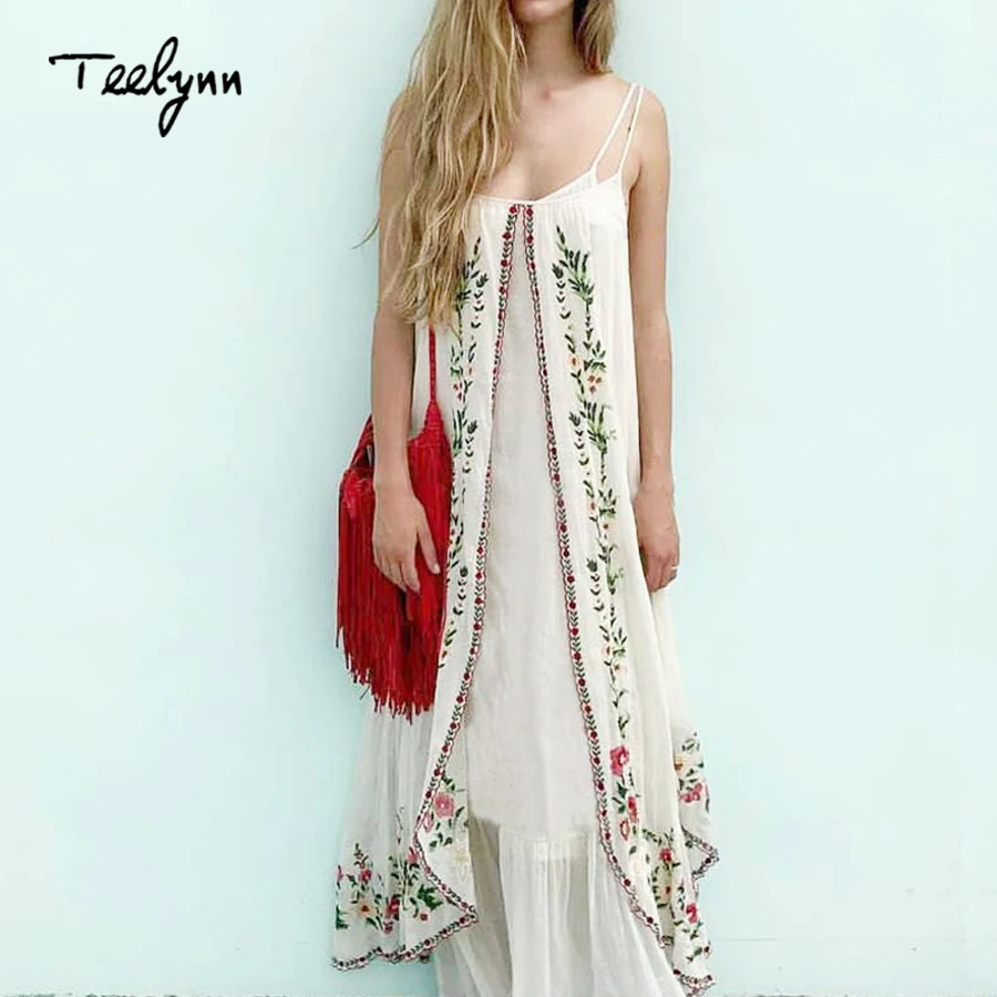 TEELYNN Maxi biała sukienka boho Vintage, w kwiaty haftowane bez rękawów pasek długie letnie sukienki odzież plażowa kobiety sukienka Vestido