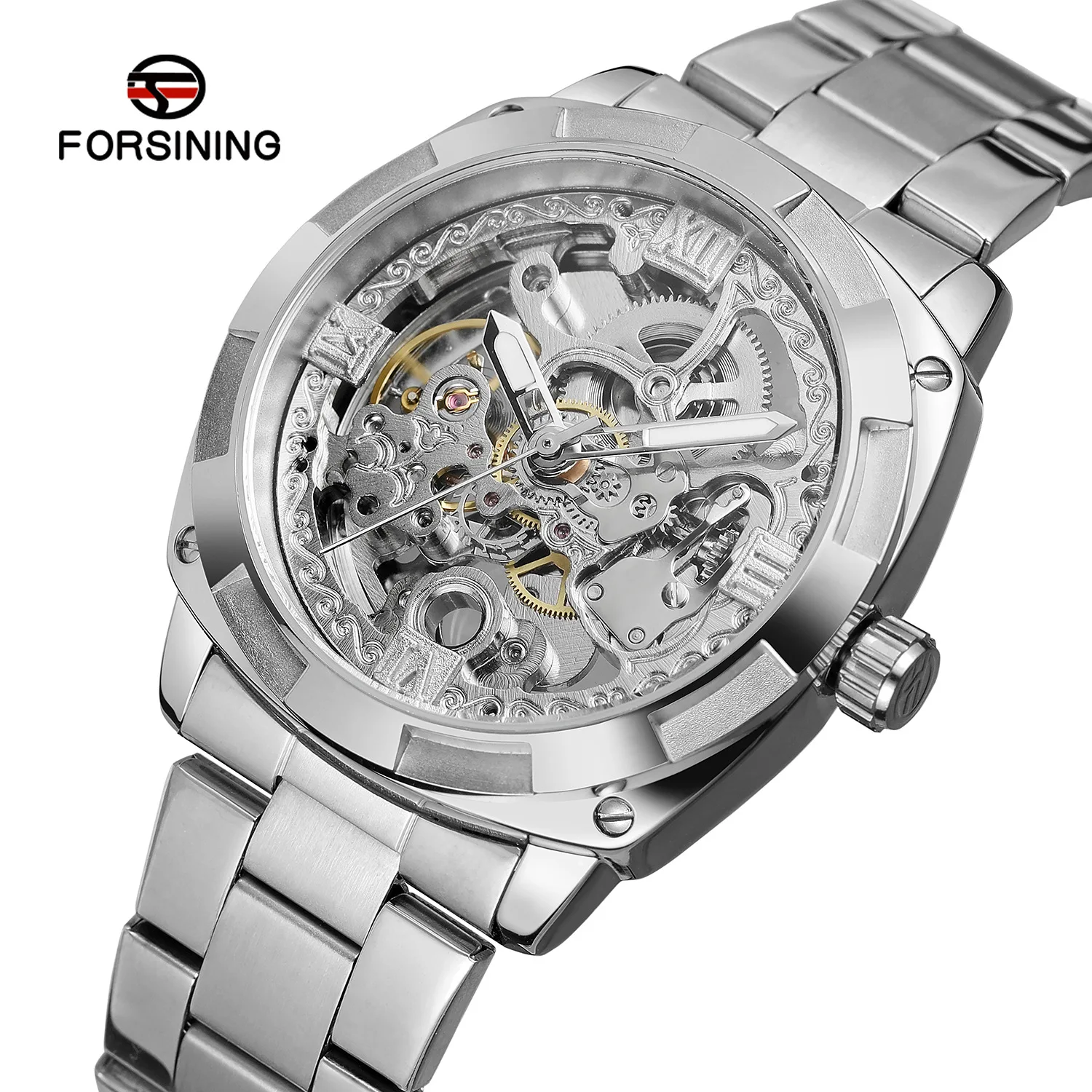 Forsining Top Brand Fashion Retro Men\'s Automatic Mechanical Watch Luxury Full Golden Steel Design Luminous Hands Skeleton Clock