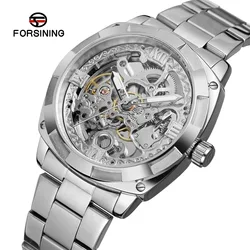 Forsining Top Brand Fashion Retro Men's Automatic Mechanical Watch Luxury Full Golden Steel Design Luminous Hands Skeleton Clock