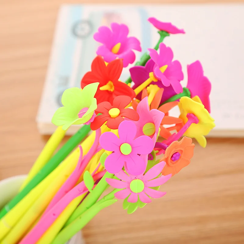 100 Pcs Creative Emulation Plastic Flower Soft Glue Neutral Pen Cartoon Learning Stationery Lovely Gift Water Pen Kawaii