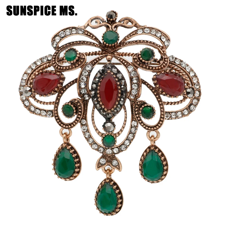 Vintage Turkish Women Hollow Flower Resin Brooch Pins Antique Gold Color Water Drop Pendant Brooches Indian Ethnic Party Jewelry
