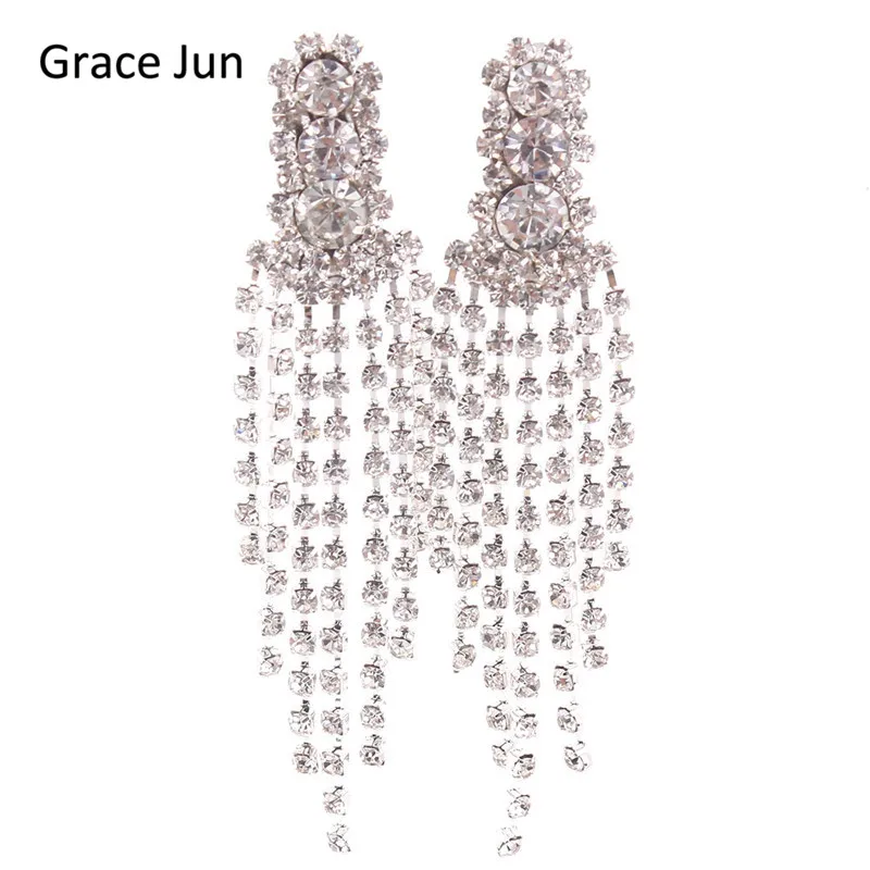 New Design Bridal Silver Plated Rhinestone 3 round Chandelier Shape Long Tassel Clip on Earrings Without Piercing for Women