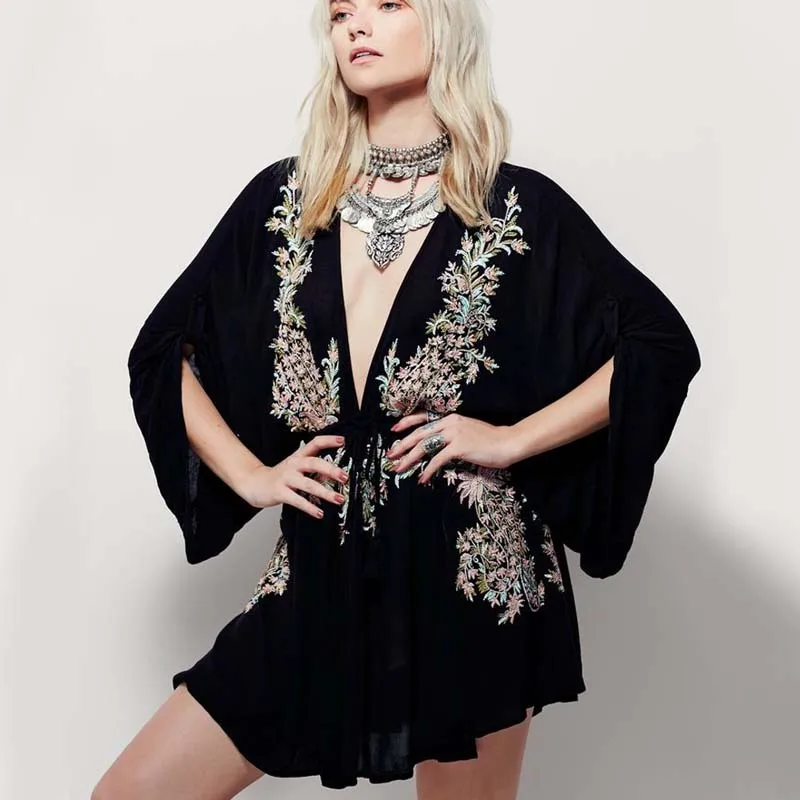 

new Floral Embroidery boho dress 2020 summer vintage sexy beach dresses deep V-neck long Sleeve mini party women dress vestidos