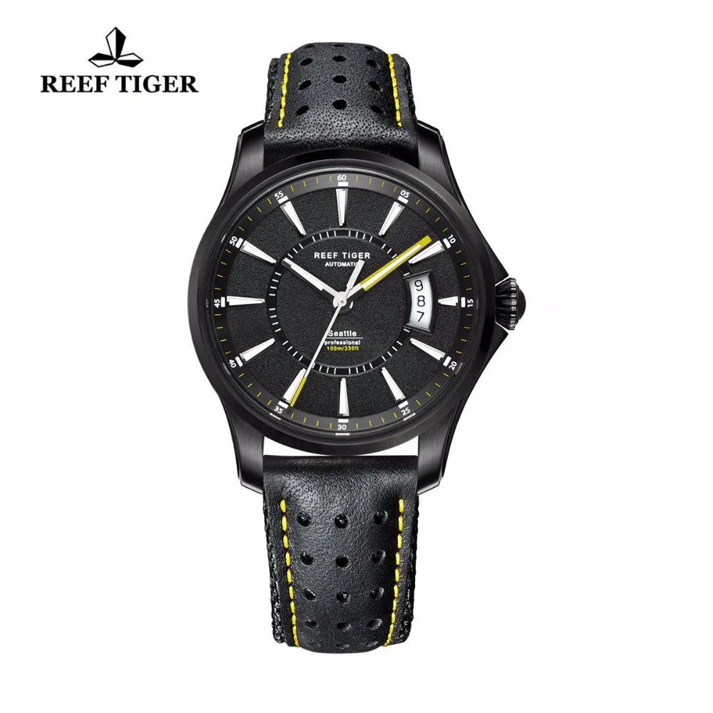 

Reef Tiger/RT Watches Seattle Black Steel Case Watch With Leather For Mens Automatic Watches Big Date Super Luminous RGA166