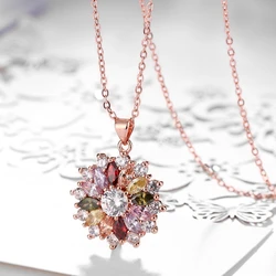 Rose Gold Multi Color AAA Cubic Zircon Pendant Necklace for Women Christmas Gift,Fashion Flower CZ Wedding Jewelry