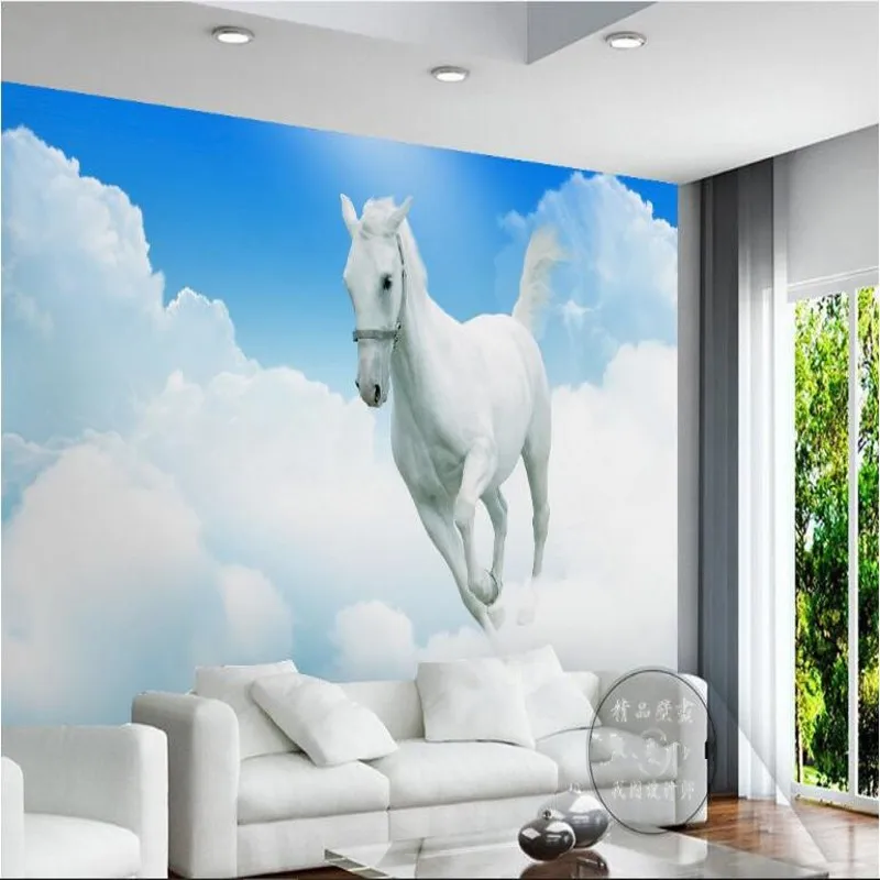 

wellyu Custom large frescoes on the blue sky clouds above the white horse flew to the modern simple super green wallpaper