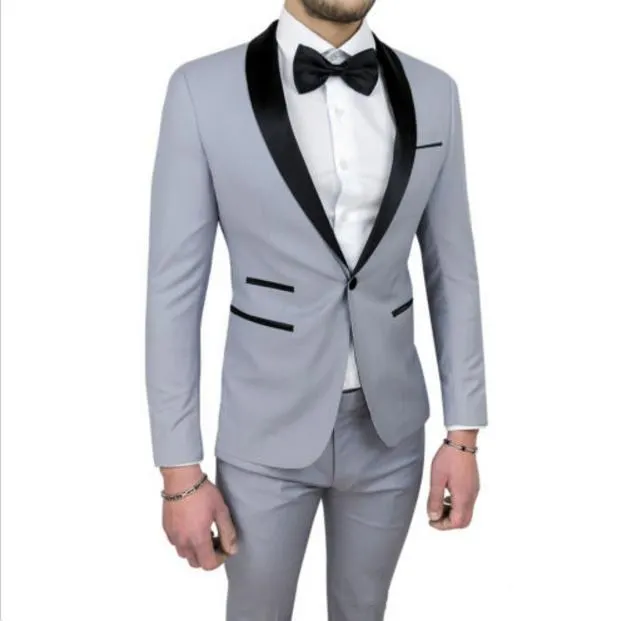 

High Quality Back Vent One Button Light Grey Groom Tuxedos Shawl Lapel Groomsmen Mens Suits Blazers (Jacket+Pants+Tie) W:743