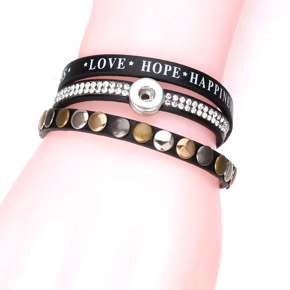 Hot Sale Leather 12mm Snap Button Bracelet Watches Fit 12mm Snap Jewelry Love Hope Happiness Leather Bracelet for Women Men Gift