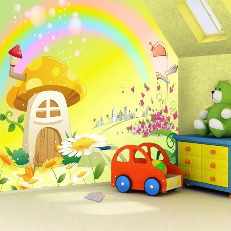 

Large murals waterproof wallpaper wallpaper cartoon rainbow mushroom house Boys and girls the bedroom of children room TV wall