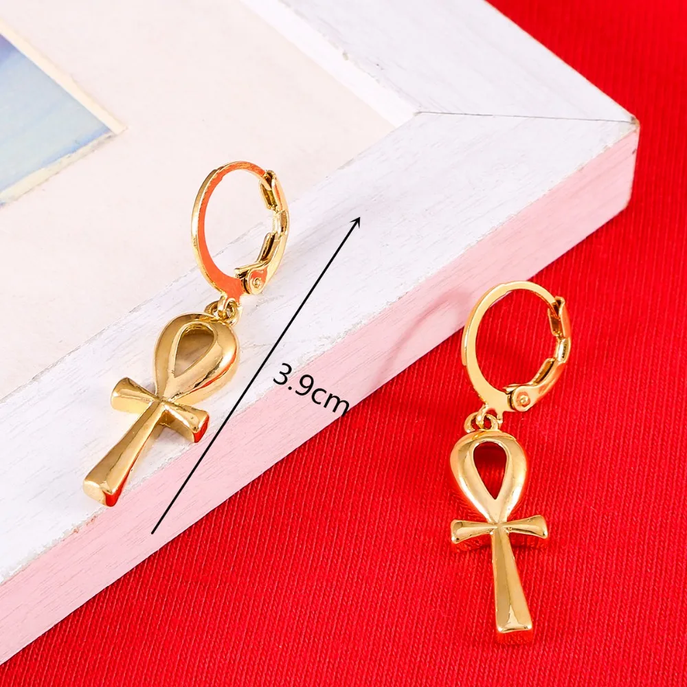 Classic Ankh Earrings Gold Color Egyptian Cross Jewelry Women Egypt Hieroglyphs Crux Ansata Earrings