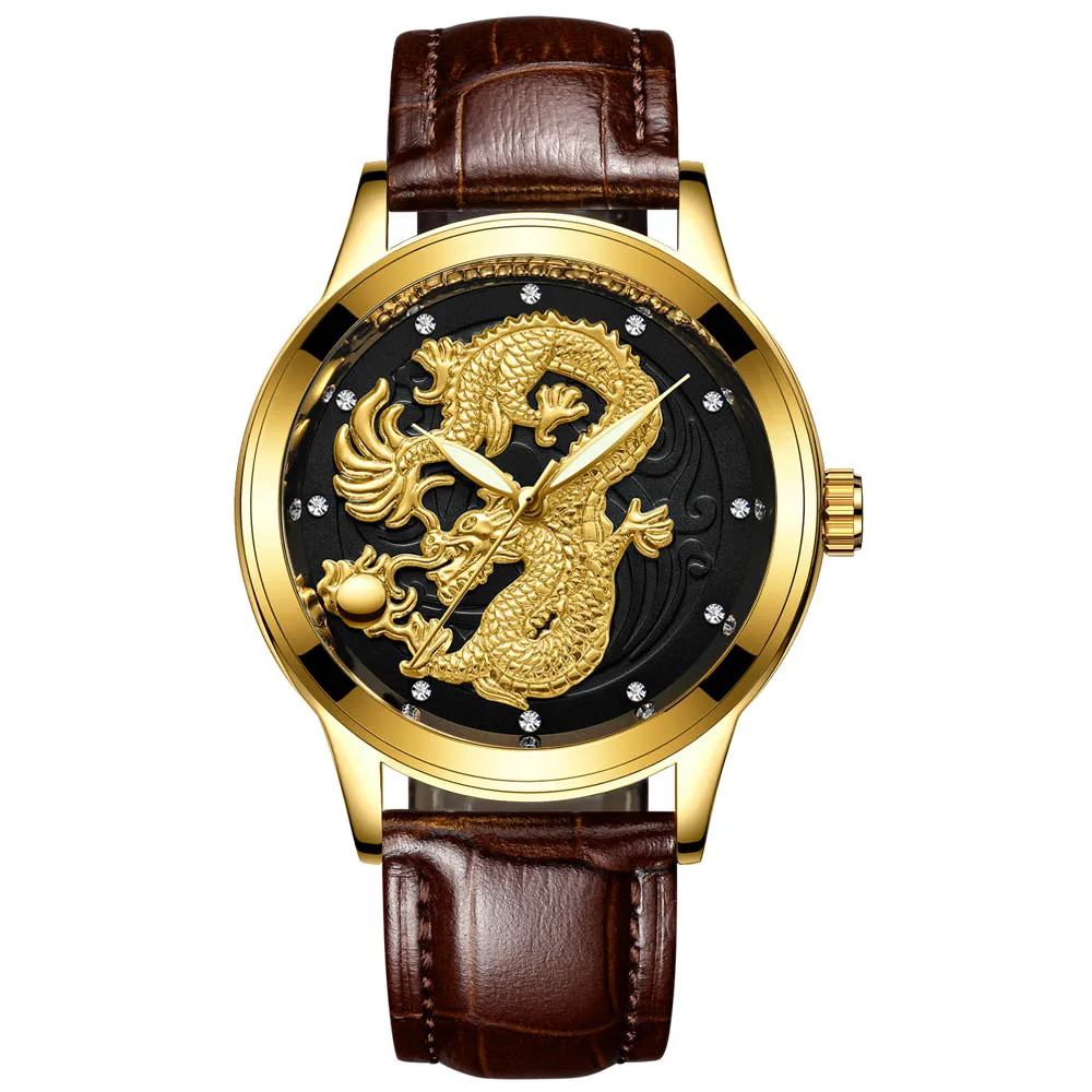 FNGEEN-Relógio Masculino Dragão Padrão Quartz, Cinto de Aço Ultra-Fino, Luminous Gold Color, Novo