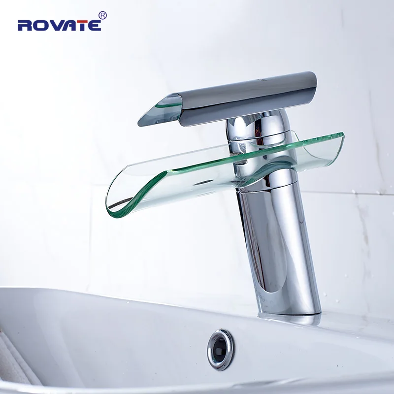 ROVATE Bathroom Basin Faucet   Waterfall Spout Glass Brass Chrome Nickel Brushed Cold and Hot Mixer Water Sink Tap