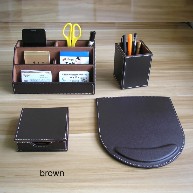

4PCS /Set PU Leather Desktop Stationery Accessories Desk Organizer Pen Holder Box Note Case Mouse Pad Office Supplies K219