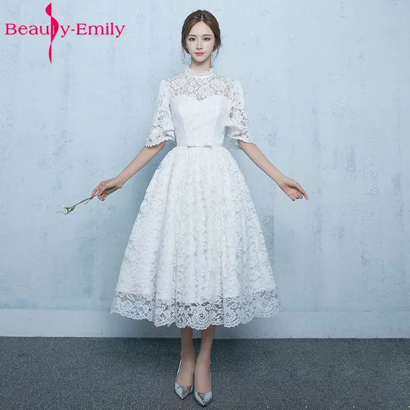 

Beauty Emily A line White Lace Evening Dresses 2019 O Neck Long Formal Evening Gown Half Sleeve Party Prom Formal Party Dresses