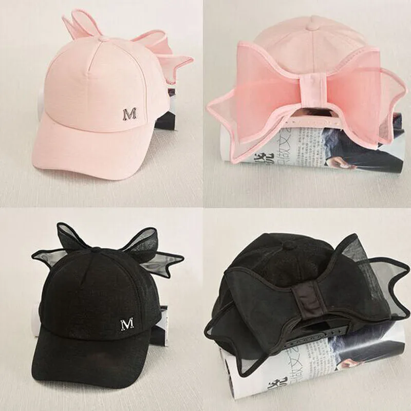 2017 new summer HOT Korea Spring Cap M mark Pink Hat with big bow Bending brimmed hat has baseball caps Visor women sun hats