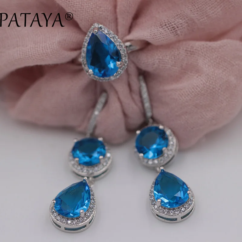 PATAYA New Women Wedding Party Trendy Jewelry Set Water Drop Natural Zirconia Earrings Ring Sets True White Gold Color Jewelry