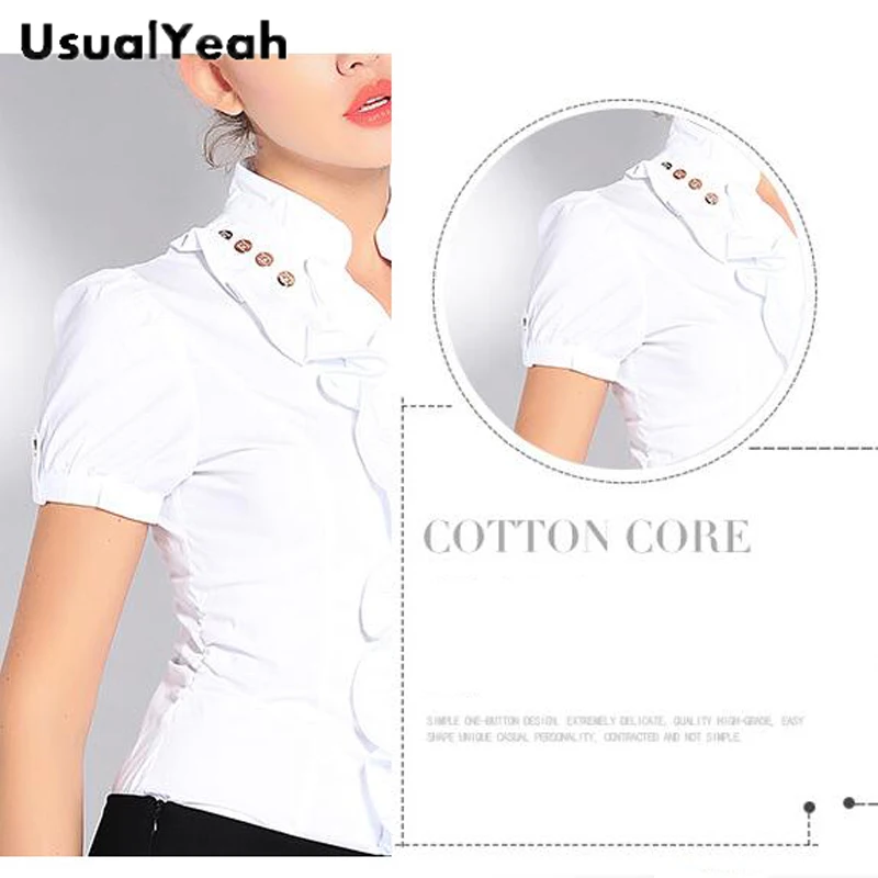 Di Modo di Estate Elegante Office Lady Camicia Corpo Manica Corta Increspature Volant Camicetta Slim Fit SY0363 Trasporto di Goccia