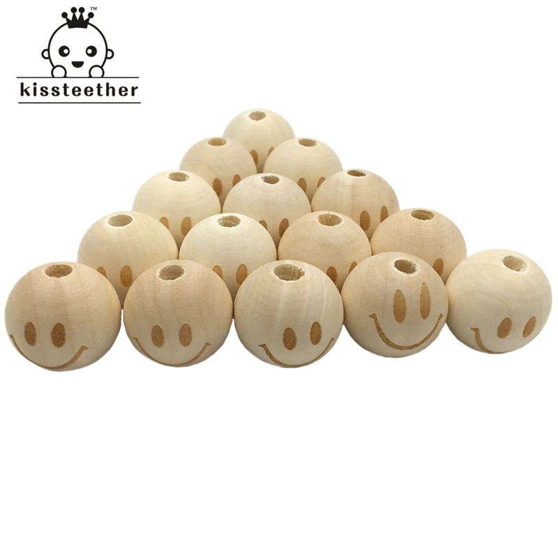 20mm Round Necklace Wooden Beads Smiling Face Unfinished Baby Teether  Teething  DIY Accessories Beading Nursing Toy