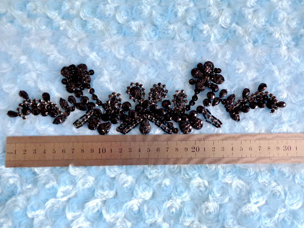 Handmade black crystal  patches trim sew on  Rhinestones applique with stones sequins beads 30*7cm  for top dress