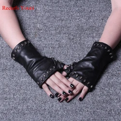 2024 Spring Women Genuine Leather Skull Bone Fingerless Thin Gloves Femme Black Cool Driving Club Luvas Hip Pop Rock Guants