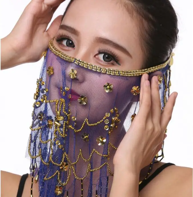 ผู้หญิงปัก Belly Dance Face Veils Plum ดอกไม้ Veil เต้นรำอินเดียเครื่องประดับเครื่องแต่งกาย Props หน้ากาก