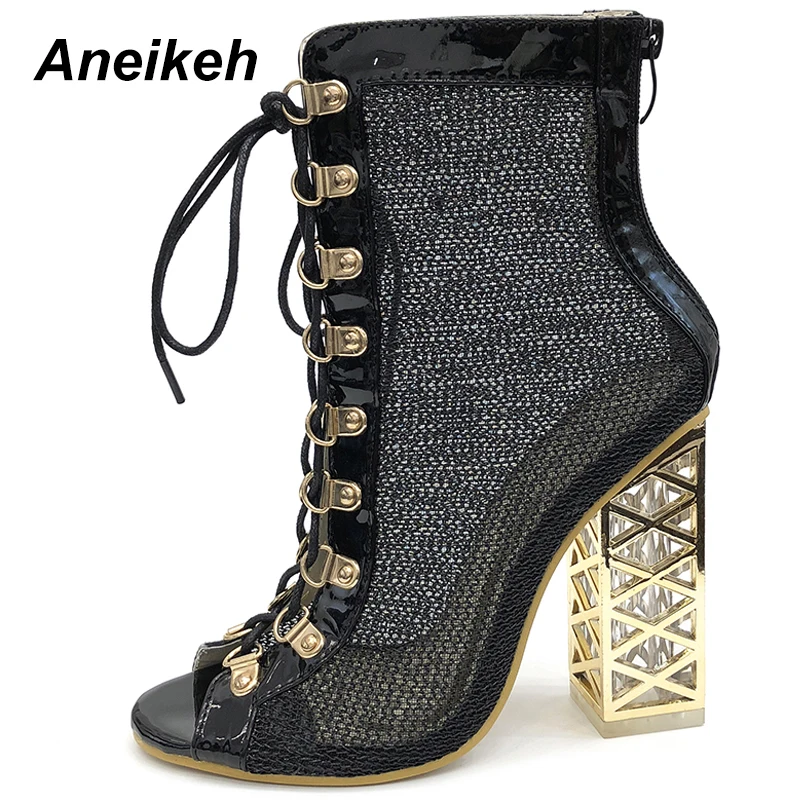 Aneikeh Size 41 42 43  Sexy Golden Bling Gladiator Sandals Women Pumps Ladies Shoes Lace-Up High Heels ANKLE Boots Fashion 2024