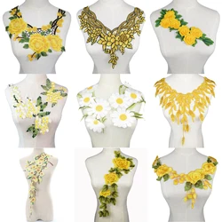 1Pc 3D Embroidered Fabric Yellow Rose Flower Venise Lace Sewing Applique Lace Collar Neckline Collar Applique Accessories