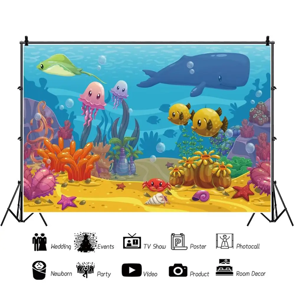 Yeele Underwater Cartoon Fish Jellyfish Posters Scene Baby Backgrounds Photography Banner Photographic Backdrop For Photo Studio