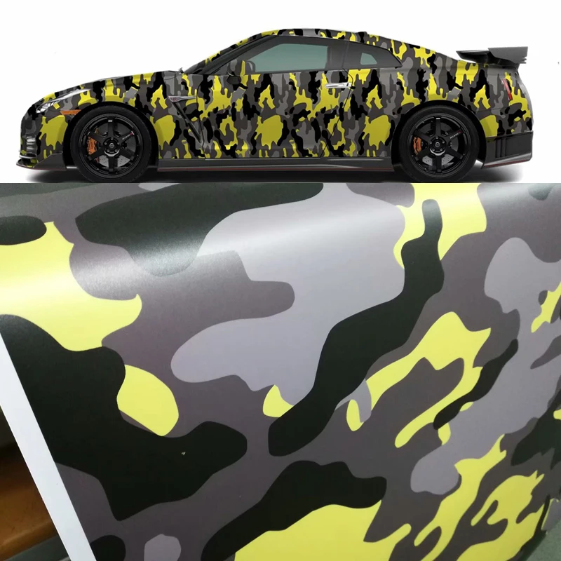 

Yellow Black Grey Camouflage Vinyl Film Roll Car Wrap Foil With Air Drain Adhesive PVC Car Sticker Decal Car Wrapping Covering