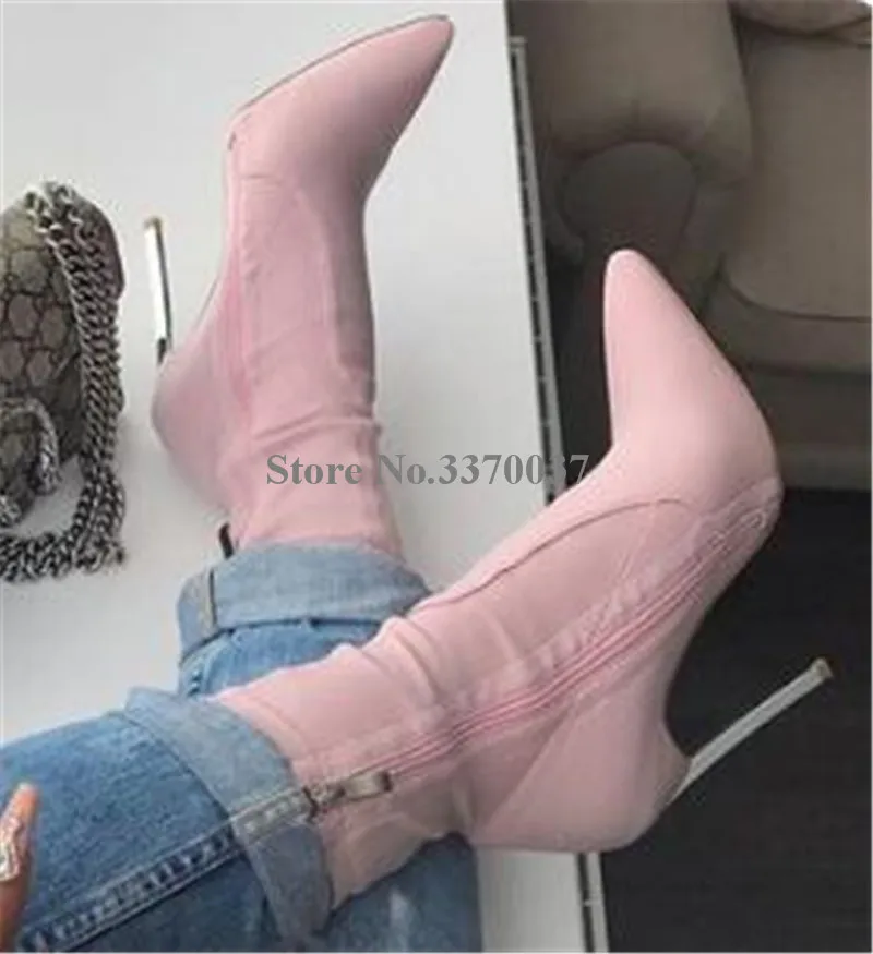 Brand Design Women Fashion Pointed Toe Suede Leather Stiletto Metal Heel Short Boots Pink Red Yellow High Heel Ankle Boots